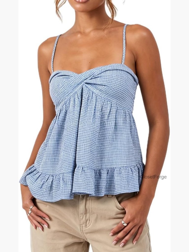 Women Y2k Plaid Babydoll Tank Top Summer Spaghetti Strap Square Neck Ruffle